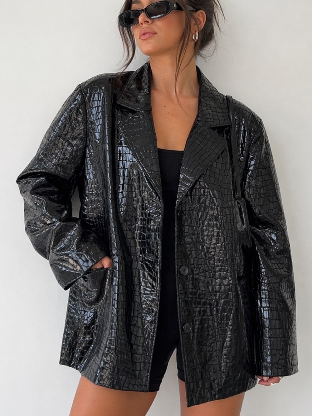 Black Croc leather Oversized Jacket - Women